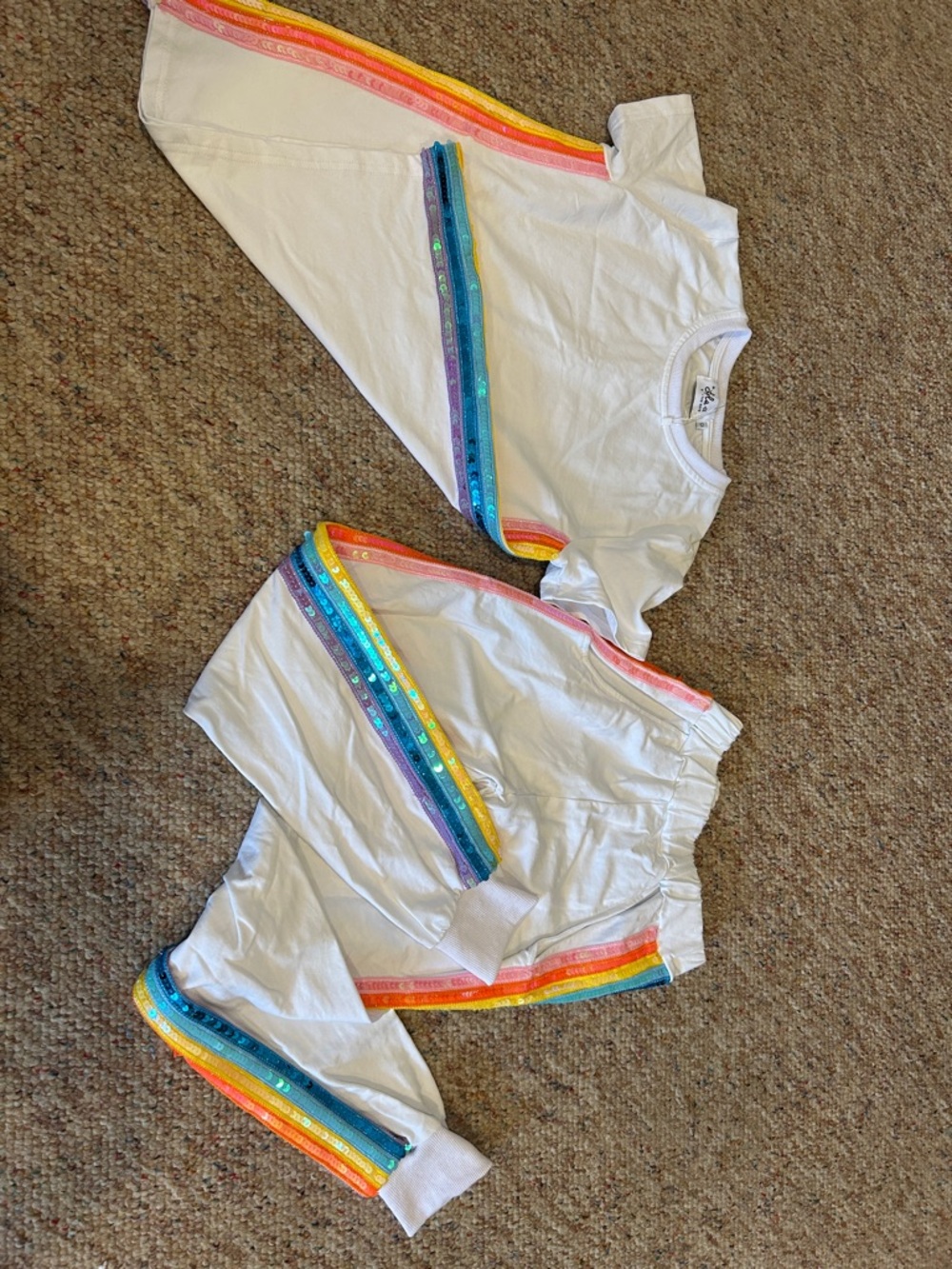 Lola + The Boys White Kids Tee & Jogger Set with Rainbow Sequin Stripes